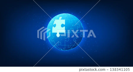 Puzzle Technology Background with Puzzle Inside Glowing Circle, Teamwork Integration Concept, Digital Collaboration, Futuristic Business Connection 138341105