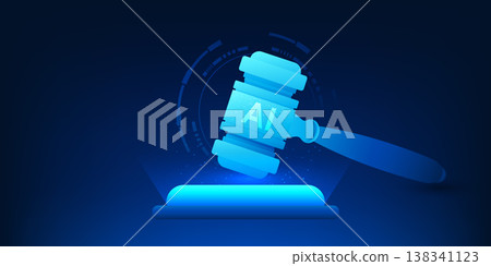 AI Technology Justice Concept, Artificial Intelligence Supporting Fair Court Decision, Smart Law System Without Human Bias, justice hammer with AI chip,Judicial Technology, Future Law 138341123