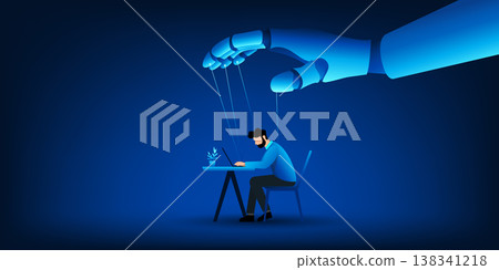 Artificial Intelligence Control Concept with Robot Hand Manipulating Human Worker, AI Power Over Humanity, Technology Domination, Ethical AI, Automation and Human Control Background Artificial Intelligence Control Concept with Robot Hand Manipulating Human Worker, AI Power Over Humanity, Technology Domination, Ethical AI, Automation and Human Control Background 138341218