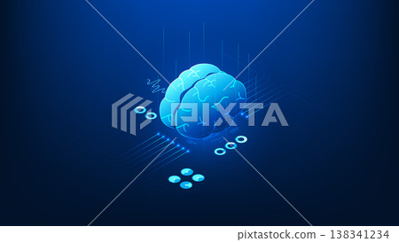 Deep learning technology background brain connected to artificial intelligence systems, with flowing data streams and digital network elements, AI intelligence, data processing, advanced computation. 138341234