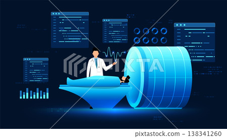 Medical technology concept featuring body scanning with MRI and a physician analyzing results for diagnosis, representing advanced healthcare, medical imaging, precision medicine, modern diagnostic 138341260