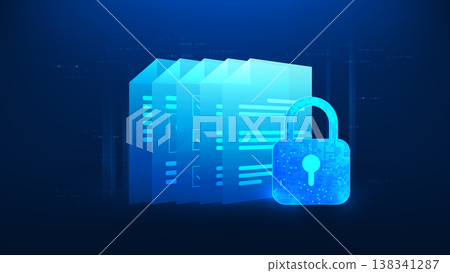 Technology background digital document file with a padlock in front, secure data storage, file encryption, information protection, cybersecurity, restricted access to confidential digital documents. 138341287