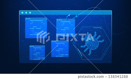 Cyber security technology background featuring a digital bug and phishing hook on a screen, symbolizing malware threats, phishing attacks, data theft, hacking risks, online security protection. 138341288