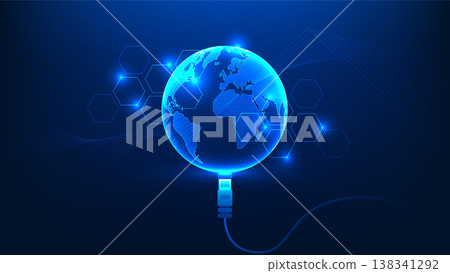 Global technology background Earth connected with LAN cables, symbol worldwide network infrastructure, internet connectivity, data transmission, global communication systems, digital transformation 138341292