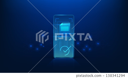 Identity verification technology background smartphone scanning an ID card or document, representing digital authentication, biometric security, eKYC process, data verification, mobile identification 138341294