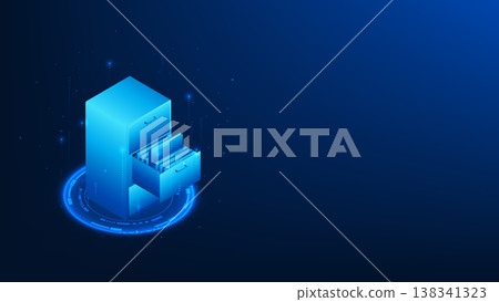 Technology background featuring a document cabinet inside a digital circle interface, symbolizing document digitization, cloud storage, data management, and secure online file upload in modern digital 138341323