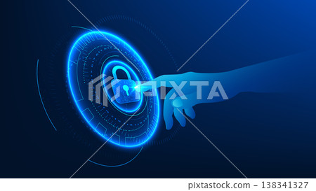 Quantum cybersecurity hand pressing a lock icon inside a high-tech circular interface, representing advanced data protection, quantum encryption, digital security systems, and cyber threat prevention. 138341327
