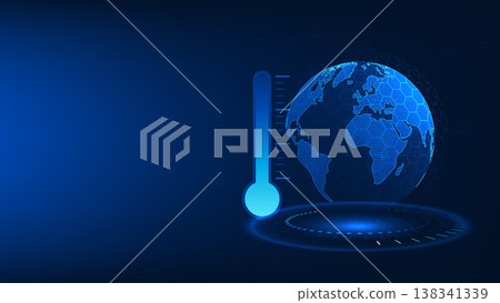 Technology background Earth with a thermometer indicating rising temperature, symbolizing global warming, climate change, net zero goals, energy reduction, and sustainable green energy solutions. 138341339