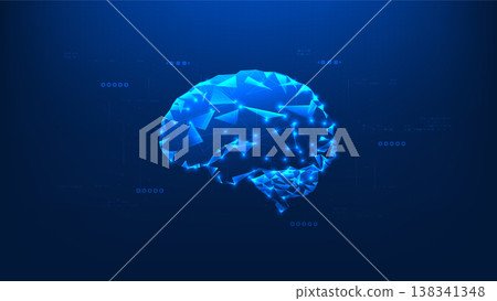 Abstract technology background AI brain with connected data nodes and flowing information lines, representing artificial intelligence, neural networks, machine learning, and advanced data processing 138341348