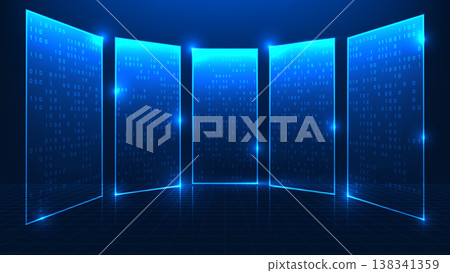 Technology background digital screen with running code and data streams, representing software development, programming, coding process, system engineering, and modern digital technology innovation. Technology background digital screen with running code and data streams, representing software development, programming, coding process, system engineering, and modern digital technology innovation. 138341359