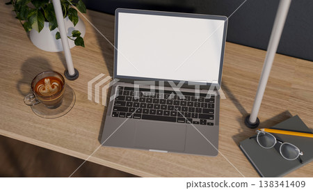 Top view of white screen laptop and coffee with pencil and glasses over book on wooden counter table Top view of white screen laptop and coffee with pencil and glasses over book on wooden counter table 138341409