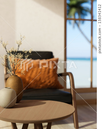 Flower vase on round wooden table and black armchair in a room with beach and sea view over window. Flower vase on round wooden table and black armchair in a room with beach and sea view over window. 138341412