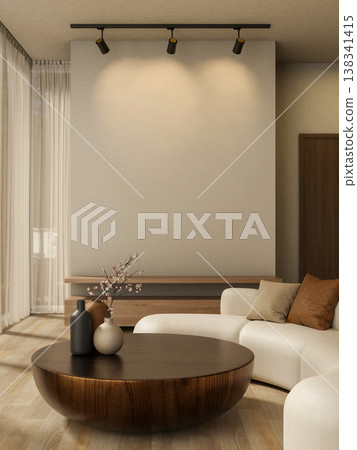 Spotlight lamp on wall over round wooden table and curved sofa with sunlight through window curtain. 138341415