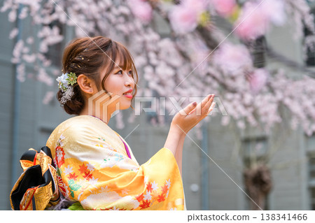 A 20-year-old woman in a kimono, with cherry blossoms in full bloom. A 20-year-old woman in a kimono, with cherry blossoms in full bloom. 138341466