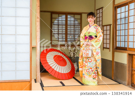 A young Japanese woman wearing a furisode kimono in a Japanese-style room (coming-of-age ceremony, 20th birthday celebration) A young Japanese woman wearing a furisode kimono in a Japanese-style room (coming-of-age ceremony, 20th birthday celebration) 138341914