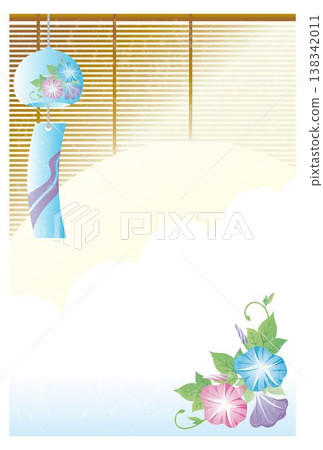 Summer greeting postcard template: Japanese-style illustration of wind chimes and morning glories, design, background. Summer greeting postcard template: Japanese-style illustration of wind chimes and morning glories, design, background. 138342011