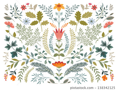 Vector collection of colorful beautiful flowers, plants. Folk art floral set. Vector collection of colorful beautiful flowers, plants. Folk art floral set. 138342125