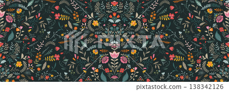 Vector seamless pattern with ornate flowers and plants. Folk art floral natural endless background. Vector seamless pattern with ornate flowers and plants. Folk art floral natural endless background. 138342126