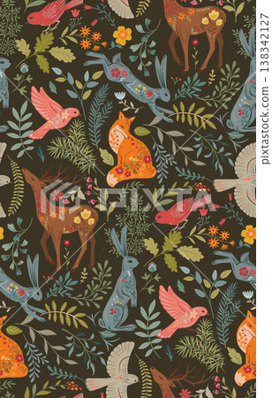 Vector seamless pattern with ornate forest animals, butterflies, flowers, plants forest tree branches. Folk art floral natural endless background. Vector seamless pattern with ornate forest animals, butterflies, flowers, plants forest tree branches. Folk art floral natural endless background. 138342127