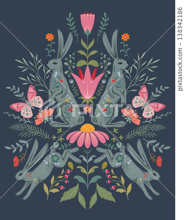 Vector Folk Nordic art posters template with animals and plants. Hares in the forest. Modern trendy minimal style. Hand drawn design for wall decor, print, postcard, cover, banner 138342186