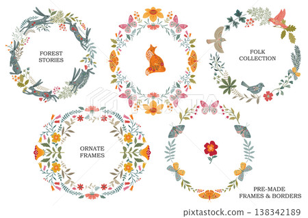 Set of Christmas folk art floral frames. Winter Scandinavian Nordic wreath. Holiday flower and greenery leaves, fir tree branches border. Vector illustration Set of Christmas folk art floral frames. Winter Scandinavian Nordic wreath. Holiday flower and greenery leaves, fir tree branches border. Vector illustration 138342189