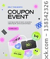 Modern Coupon Event Banner with Neon Discount Vouchers and Abstract Shapes on Light Gray Background 138342326