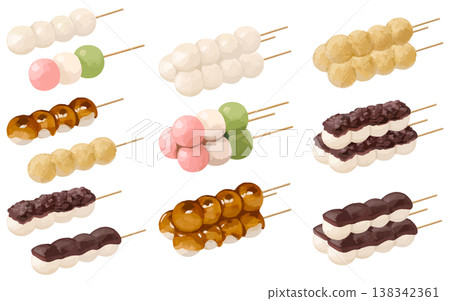 A set of traditional Japanese rice dumplings (shiratama dango, mitarashi dango, sanshoku dango, anko dango, kinako dango) A set of traditional Japanese rice dumplings (shiratama dango, mitarashi dango, sanshoku dango, anko dango, kinako dango) 138342361