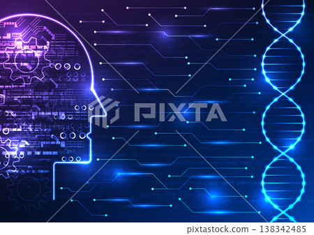 Medical technology and artificial intelligence in a captivating image. Witness the DNA structure connected to an AI brain through a circuit board, with a mesmerizing numerical code backdrop Medical technology and artificial intelligence in a captivating image. Witness the DNA structure connected to an AI brain through a circuit board, with a mesmerizing numerical code backdrop 138342485