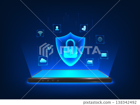 Cyber security technology background, cyber data protection technology of smartphone system Protect the center from being lost or stolen. Smartphone screen showing lock and shield with connected icons Cyber security technology background, cyber data protection technology of smartphone system Protect the center from being lost or stolen. Smartphone screen showing lock and shield with connected icons 138342492