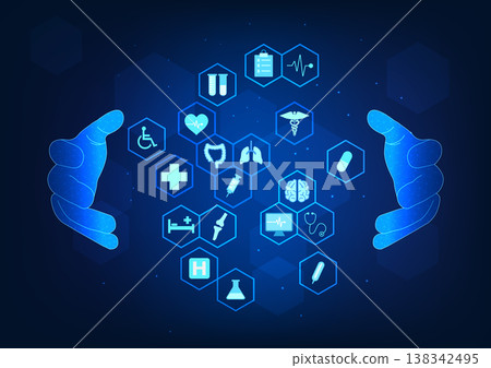 Medical technology background Modern medicine uses technology to help doctors treat, diagnose disease,and assess health Let the patient recover from his illness Two doctor's hands holding medical icon Medical technology background Modern medicine uses technology to help doctors treat, diagnose disease,and assess health Let the patient recover from his illness Two doctor's hands holding medical icon 138342495