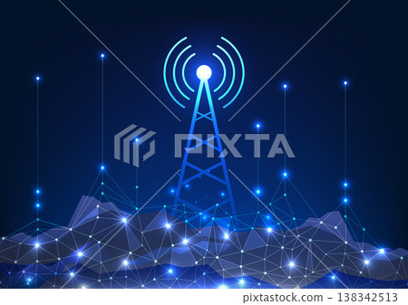 Transmission technology Transmission towers that send data waves to mobile phones, internet access, communication Transmission towers located on the mountain with connecting lines 138342513