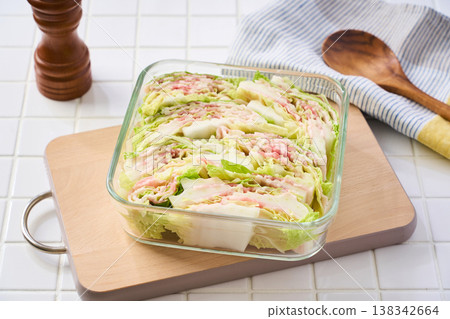 Layered steamed pork belly and napa cabbage, a winter home-style dish prepared in a glass container. Layered steamed pork belly and napa cabbage, a winter home-style dish prepared in a glass container. 138342664