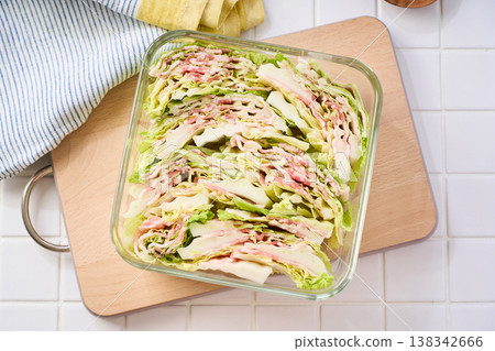 Layered steamed pork belly and napa cabbage, a winter home-style dish prepared in a glass container. Layered steamed pork belly and napa cabbage, a winter home-style dish prepared in a glass container. 138342666