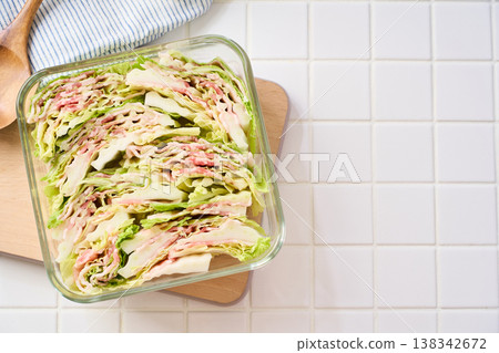 Layered steamed pork belly and napa cabbage, a winter home-style dish prepared in a glass container. Layered steamed pork belly and napa cabbage, a winter home-style dish prepared in a glass container. 138342672