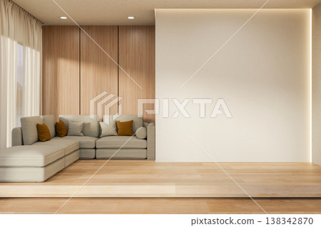 Grey fabric sofa and white wall on raised wooden floor with sunlight through curtain in living room. Grey fabric sofa and white wall on raised wooden floor with sunlight through curtain in living room. 138342870