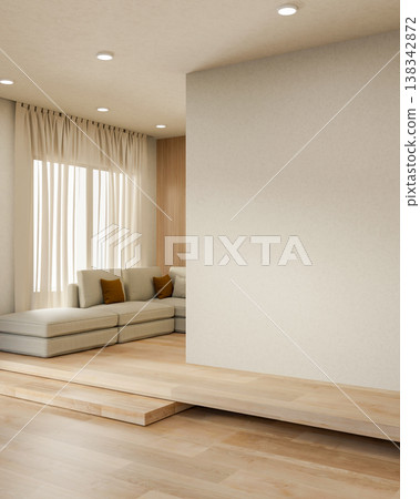 Grey sofa and window curtain in corner aside white wall on raised wooden floor with natural sunlight Grey sofa and window curtain in corner aside white wall on raised wooden floor with natural sunlight 138342872