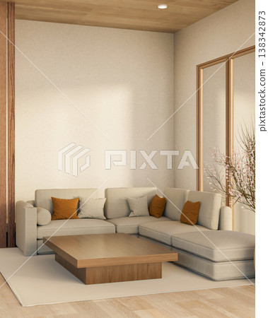 Grey fabric sofa and wooden table on carpet floor aside flower vase and white wall in cosy living room 138342873