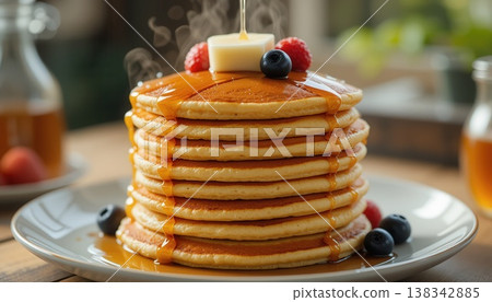 A delicious stack of fluffy pancakes topped with melting butter, maple syrup, fresh blueberries, and raspberries. A delicious stack of fluffy pancakes topped with melting butter, maple syrup, fresh blueberries, and raspberries. 138342885