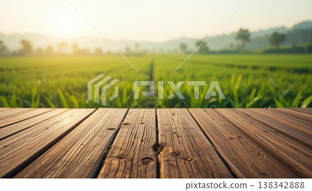 Empty wooden tabletop foreground with a blurred background of a lush green agricultural field during a warm, hazy sunrise. Empty wooden tabletop foreground with a blurred background of a lush green agricultural field during a warm, hazy sunrise. 138342888