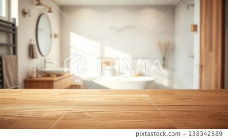 Empty wooden tabletop in front of a blurred, modern bathroom interior with a round mirror and bathtub. Empty wooden tabletop in front of a blurred, modern bathroom interior with a round mirror and bathtub. 138342889