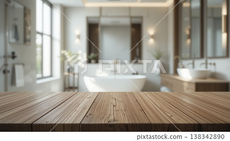 Close-up of a textured wooden tabletop with a blurred background of a modern, bright, and luxurious spa-style bathroom. 138342890