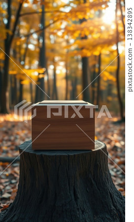 Minimalist wooden box resting on a tree stump in a sunlit autumn forest with golden fall foliage. Minimalist wooden box resting on a tree stump in a sunlit autumn forest with golden fall foliage. 138342895