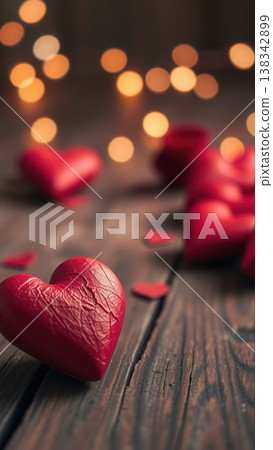 Red textured hearts scattered on a dark rustic wooden table with soft golden bokeh lights glowing in the background. Red textured hearts scattered on a dark rustic wooden table with soft golden bokeh lights glowing in the background. 138342899