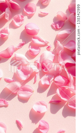Delicate pink flower petals scattered across a light pink textured background with soft, long shadows in sunlight. Delicate pink flower petals scattered across a light pink textured background with soft, long shadows in sunlight. 138342999