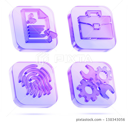 3d crystal holographic square buttons with touch id fingerprint scanner, pen filling resume, briefcase, wrench gears. Business HR glass icon set, cv personal profile, identity service. 3D illustration 3d crystal holographic square buttons with touch id fingerprint scanner, pen filling resume, briefcase, wrench gears. Business HR glass icon set, cv personal profile, identity service. 3D illustration 138343056