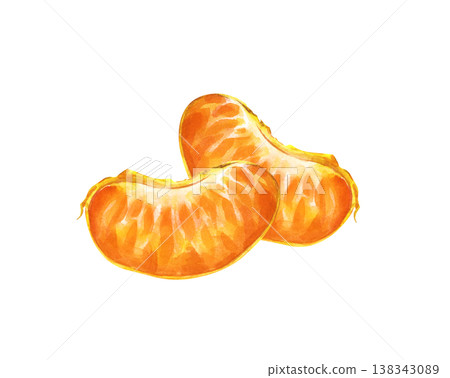 Two juicy tangerine slices are hand-drawn on an isolated background. Watercolor illustration of pieces of ripe fruit. Realistic clipart for the design of healthy food branding, organic juice labels Two juicy tangerine slices are hand-drawn on an isolated background. Watercolor illustration of pieces of ripe fruit. Realistic clipart for the design of healthy food branding, organic juice labels 138343089