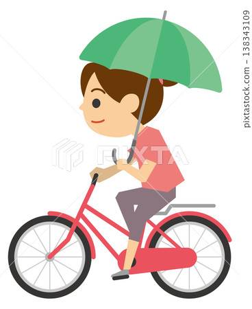 一幅描繪女子騎著腳踏車、撐著傘的插圖。 一幅描繪女子騎著腳踏車、撐著傘的插圖。 138343109