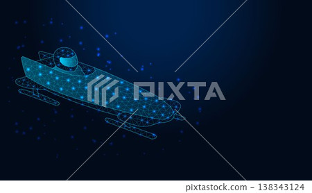 Abstract low poly wireframe bobsleigh with athlete on dark blue background. Abstract low poly wireframe bobsleigh with athlete on dark blue background. 138343124