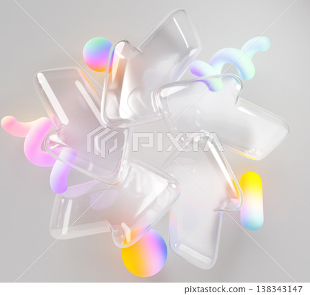 Glass transparent circle arrows 3d icon with holographic gradient shapes on gray background. Symbol of cycle, update, continuous process, recycling. Clear plastic infographic element. 3D illustration Glass transparent circle arrows 3d icon with holographic gradient shapes on gray background. Symbol of cycle, update, continuous process, recycling. Clear plastic infographic element. 3D illustration 138343147