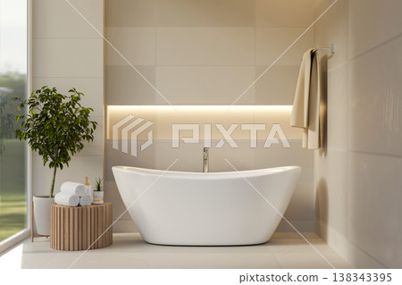 White tub and wooden side table aside recessed shelf and towel rack on tiles wall in modern bathroom White tub and wooden side table aside recessed shelf and towel rack on tiles wall in modern bathroom 138343395